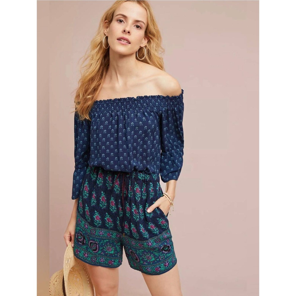 Anthropologie ett:twa Kaleo Romper M Navy Blue Floral Off Shoulder Boho Smocked